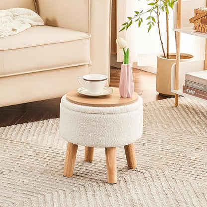 Poofzy Small Ottoman with Storage, Small Foot Stool Ottoman with Wood Legs, Sherpa Foot Rest for Couch, Living Room and Bedroom - White