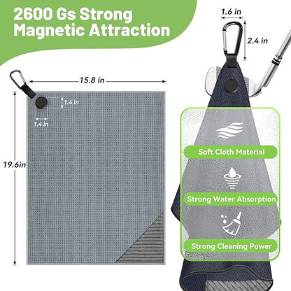 2 Pack Magnetic Golf Towels with Carabiner, Wire Cleaning Cloth, Ultra Absorbent Microfiber, Waffle Pattern Golf Towel with Magnet for Men Women, Golf Accessories for Golf Bags, Carts or Clubs