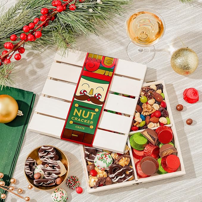 Christmas Gift Basket, Holiday Gourmet Treats- Variety Snack Crate- Candy Tray Food Assortment Idea- For Women, Men, Family 4 Section- Bonnie and Pop