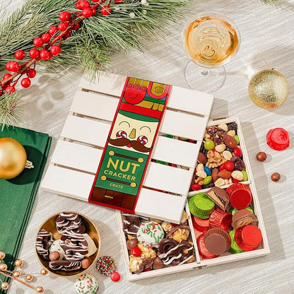 Christmas Gift Basket, Holiday Gourmet Treats- Variety Snack Crate- Candy Tray Food Assortment Idea- For Women, Men, Family 4 Section- Bonnie and Pop