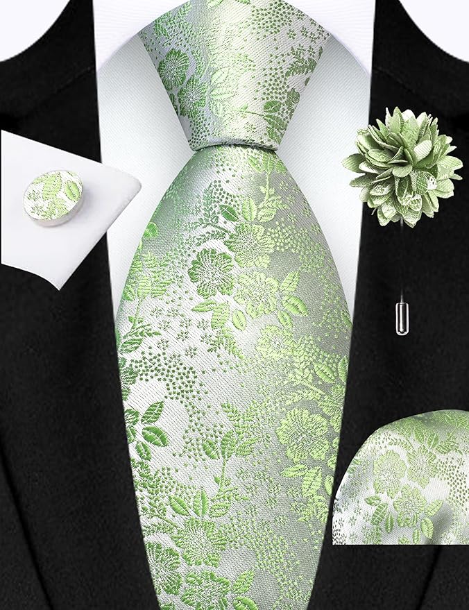 GUSLESON 3.15"（8cm） Mens Floral Tie and Lapel Pin Necktie Hankerchief Cufflinks Set for Men