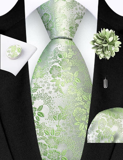 GUSLESON 3.15"（8cm） Mens Floral Tie and Lapel Pin Necktie Hankerchief Cufflinks Set for Men