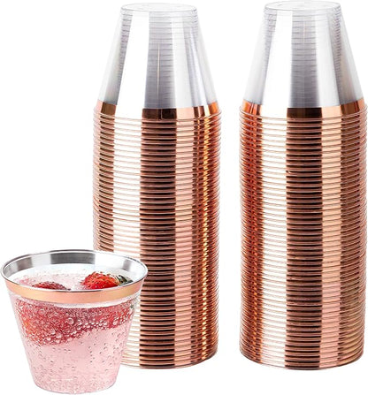 PLASTICPRO 9 oz Disposable Plastic Party Cups,Old fashioned Designed Tumblers, Crystal Clear (Clear With Rose Gold Rim, 200)
