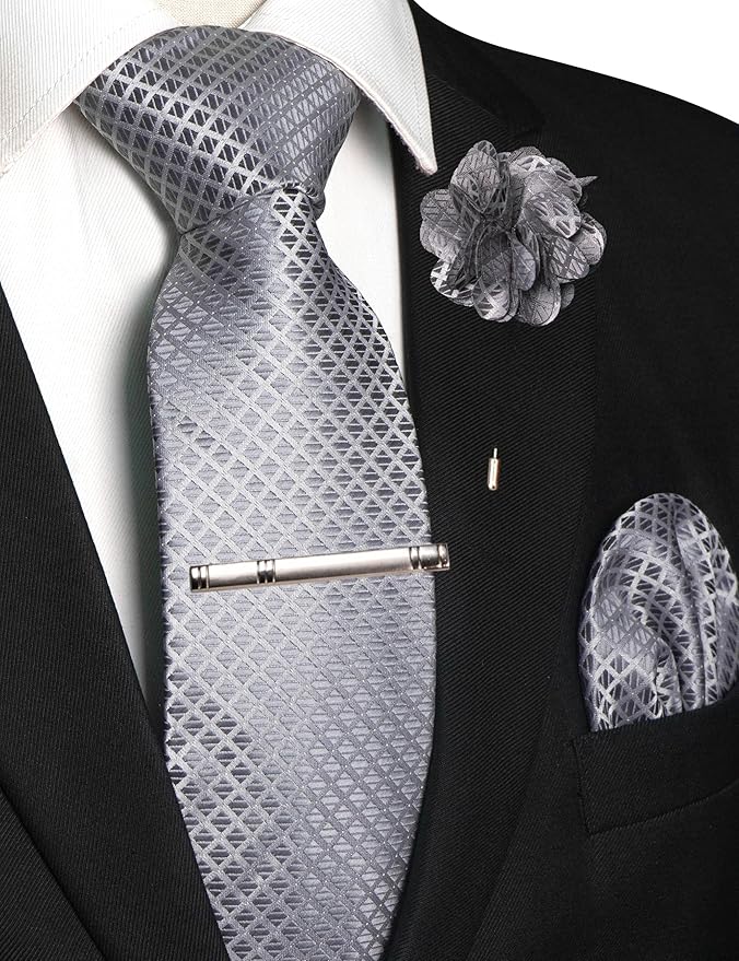 JEMYGINS Mens Solid Color Plaid Tie and Lapel Pin Necktie Pocket Square and Tie Clip with Sets for Business Casual 4PCS