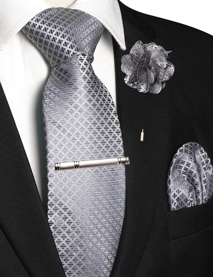 JEMYGINS Mens Solid Color Plaid Tie and Lapel Pin Necktie Pocket Square and Tie Clip with Sets for Business Casual 4PCS