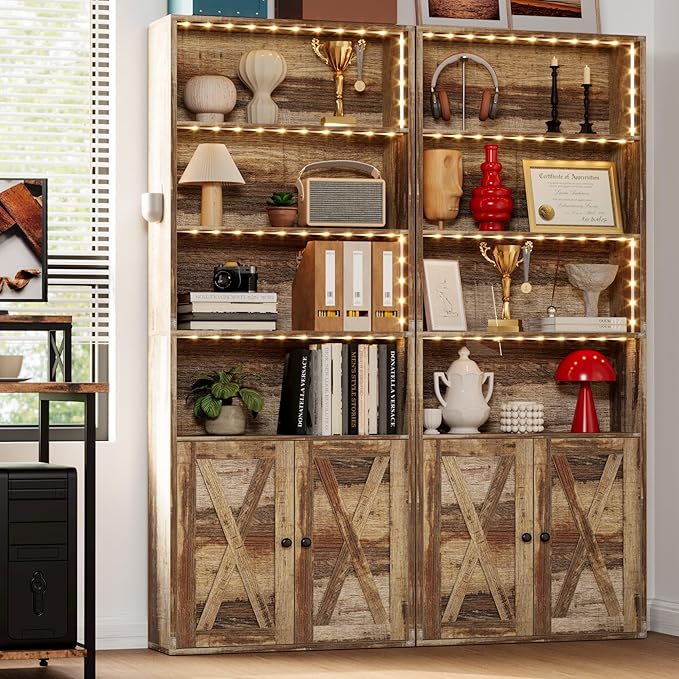 IRONCK Tall Bookcase with LED Lights, 70 in Industrial Bookshelves and Bookcases with Doors, 6 Shelf Display Storage Shelves Floor Standing for Home Office, Living Room, Bedroom