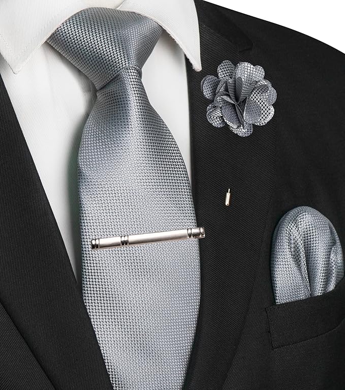 JEMYGINS Mens Tie and Lapel Pin with Pocket Square Tie Clip Sets for Casual and Business 4PCS