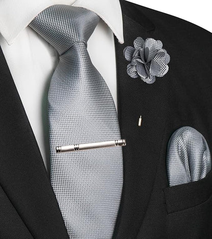 JEMYGINS Mens Tie and Lapel Pin with Pocket Square Tie Clip Sets for Casual and Business 4PCS