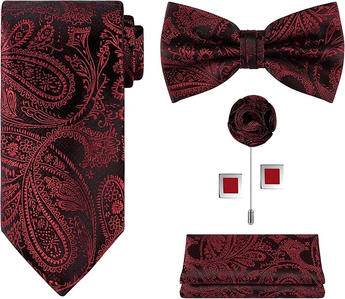 TIE G 5pcs Tie Set in WHITE OR BLACK GIFT BOX: Solid Color Necktie, Satin Bow Tie, Pocket Square, Lapel, Cuff Links