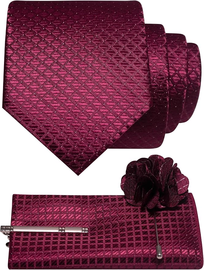 JEMYGINS Mens Solid Color Plaid Tie and Lapel Pin Necktie Pocket Square and Tie Clip with Sets for Business Casual 4PCS