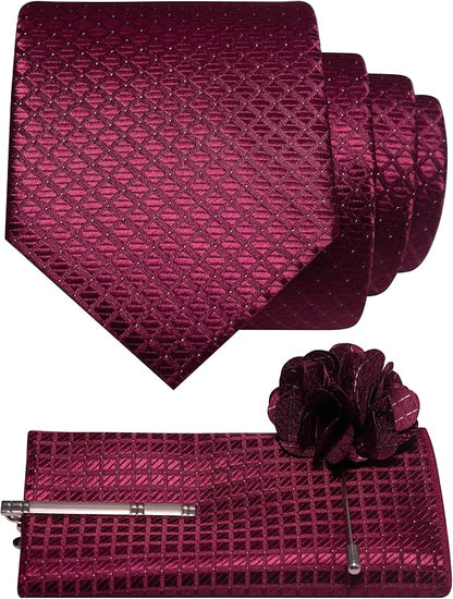 JEMYGINS Mens Solid Color Plaid Tie and Lapel Pin Necktie Pocket Square and Tie Clip with Sets for Business Casual 4PCS