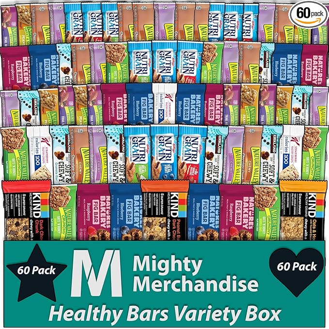 Mighty Merchandise Healthy Mixed Snack Bar Box Variety Basket | (Pack of 60) | Perfect for Men, Women, Adults, Office, School, College, Work | Gift Basket