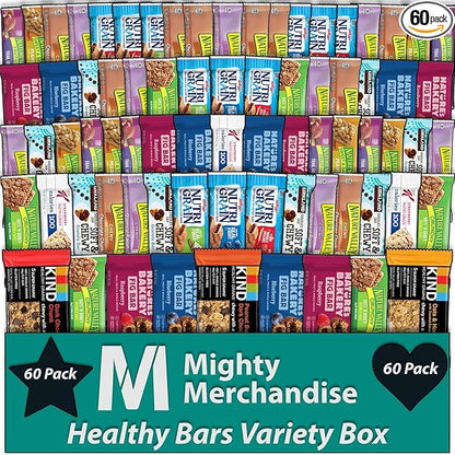 Mighty Merchandise Healthy Mixed Snack Bar Box Variety Basket | (Pack of 60) | Perfect for Men, Women, Adults, Office, School, College, Work | Gift Basket