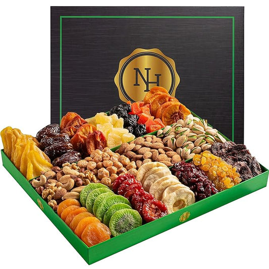 Dried Fruit & Nuts Gift Basket - Extra Large Selection of 18 Food Tray - Assorted Food Gift Box for Birthday, Family, Sympathy, Men & Women.