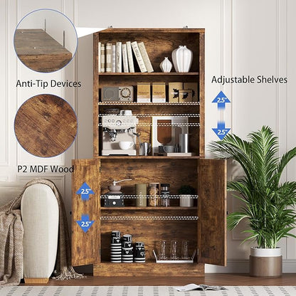 71.4" Tall Bookshelf with Cabinet, 5-Tier Floor Standing Bookcase with Doors & Adjustable Shelves, 31.5" Wide Storage Shelf, Metal Handles, Modern Organizer for Home Office, Living Room