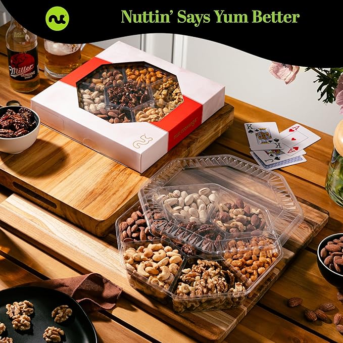 NUT CRAVINGS - Thanksgiving Mixed Nuts Gift Basket in Red Gold Box (7 Assortments, 2 LB) Holiday Xmas Christmas Food Arrangement, Healthy Snack Care Package, Food Assortments