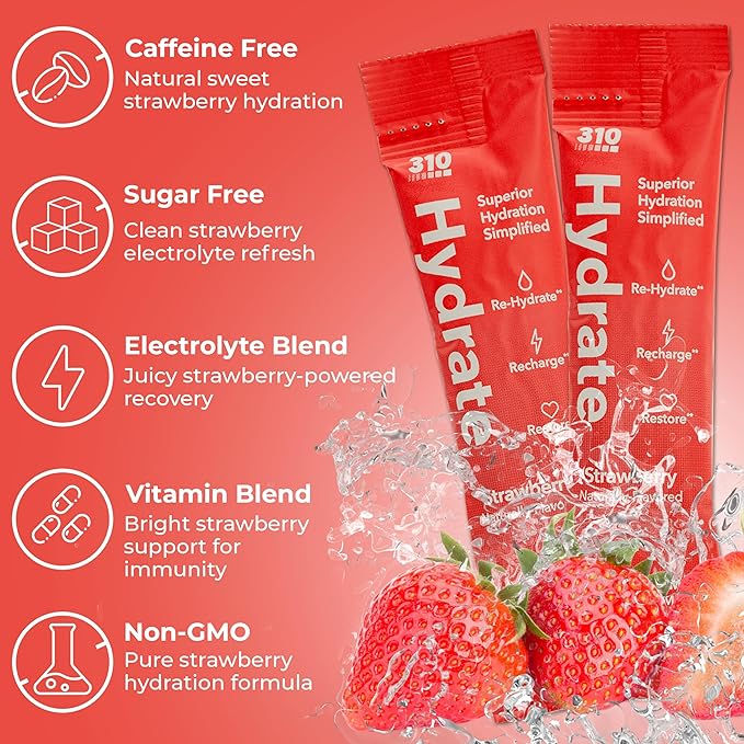 310 Nutrition Sugar Free Electrolytes Powder - Instant Hydration Packets for Daily Fluid Balance - Caffeine-Free Rehydration Drink Mix w/Vitamins, Low Calorie & Keto Friendly - Strawberry 15 Singles