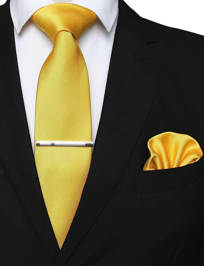 JEMYGINS Solid Color Formal Necktie and Pocket Square Tie Clip Sets for Men