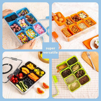 Patent Design Ribbed Snackle Box Container Divided Serving Tray with Lid and Handle -Charcuterie Container Portable Storage Organizer for Candy, Fruit, Beach, Picnics（1 pcs, Black）