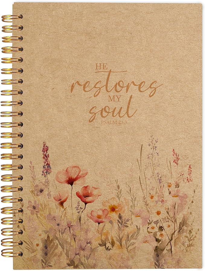 Christian Notebook for Women, Christian Art Gifts Journal, Prayer Journal for Women, Bible Journaling Notebook, PSALM 23:3 He Restores My Soul Floral Spiral Notebook 5.5x8.3 Kraft Paper