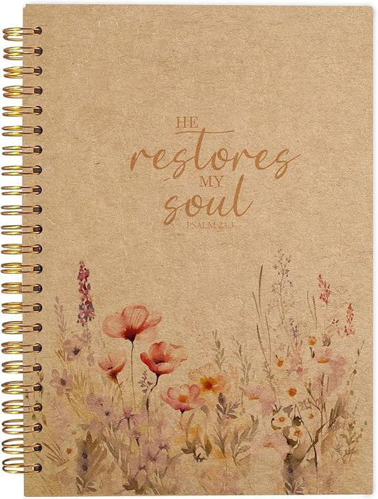Christian Notebook for Women, Christian Art Gifts Journal, Prayer Journal for Women, Bible Journaling Notebook, PSALM 23:3 He Restores My Soul Floral Spiral Notebook 5.5x8.3 Kraft Paper