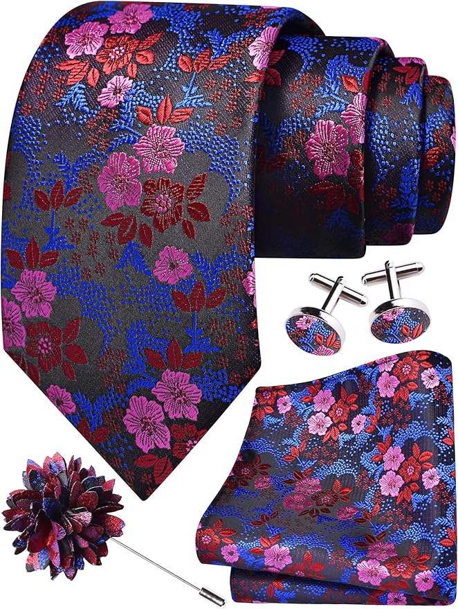 GUSLESON 3.15"（8cm） Mens Floral Tie and Lapel Pin Necktie Hankerchief Cufflinks Set for Men
