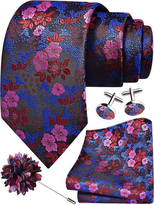 GUSLESON 3.15"（8cm） Mens Floral Tie and Lapel Pin Necktie Hankerchief Cufflinks Set for Men