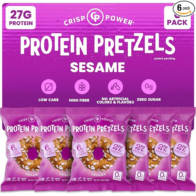 Crisp Power Protein Pretzels, Sesame, High Protein Vegan Keto Snack, 27 G Plant Based Protein, Low Carb Crunchy Pretzel Snacks, No Added Sugar, No Seed Oils, 1.75 oz Bags, 6 Pack