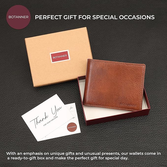 Genuine Leather Mens Bifold Wallet RFID Blocking 5 Credit Card Slots 1 ID Window 2 Sections for Bills 2 Additional Slots | Coffee brown