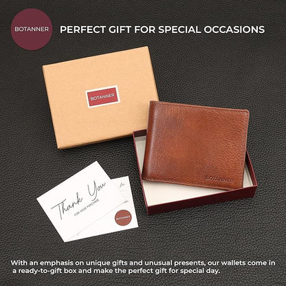 Genuine Leather Mens Bifold Wallet RFID Blocking 5 Credit Card Slots 1 ID Window 2 Sections for Bills 2 Additional Slots | Coffee brown