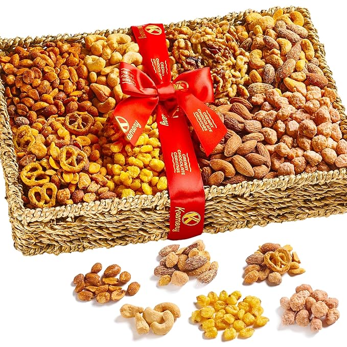 KREMERY Gourmet Nut Gift Basket - Thanksgiving Mixed Nuts Gift Basket in Seagrass Tray with Ribbon (8 Assortments) Holiday Xmas Christmas Healthy Snack Care Package, Food Assortments