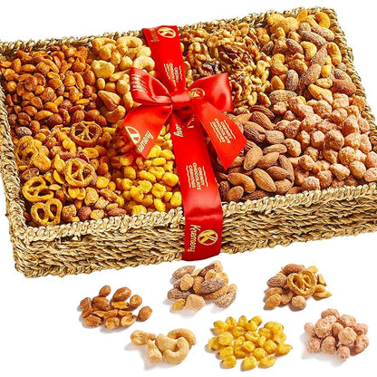 KREMERY Gourmet Nut Gift Basket - Thanksgiving Mixed Nuts Gift Basket in Seagrass Tray with Ribbon (8 Assortments) Holiday Xmas Christmas Healthy Snack Care Package, Food Assortments