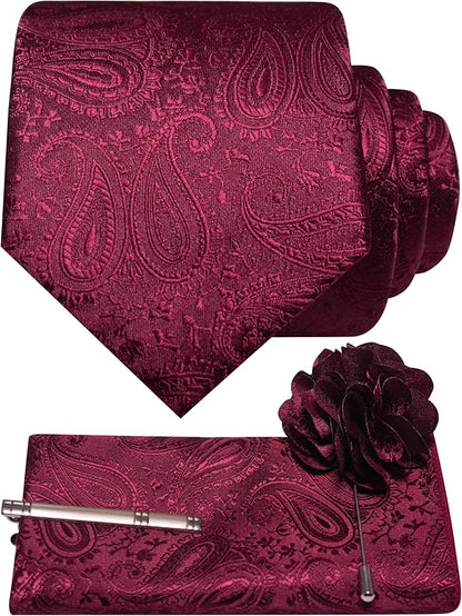 JEMYGINS Mens Paisley Tie and Lapel Pin Necktie Pocket Square and Tie Clip with Sets for Business Casual 4PCS
