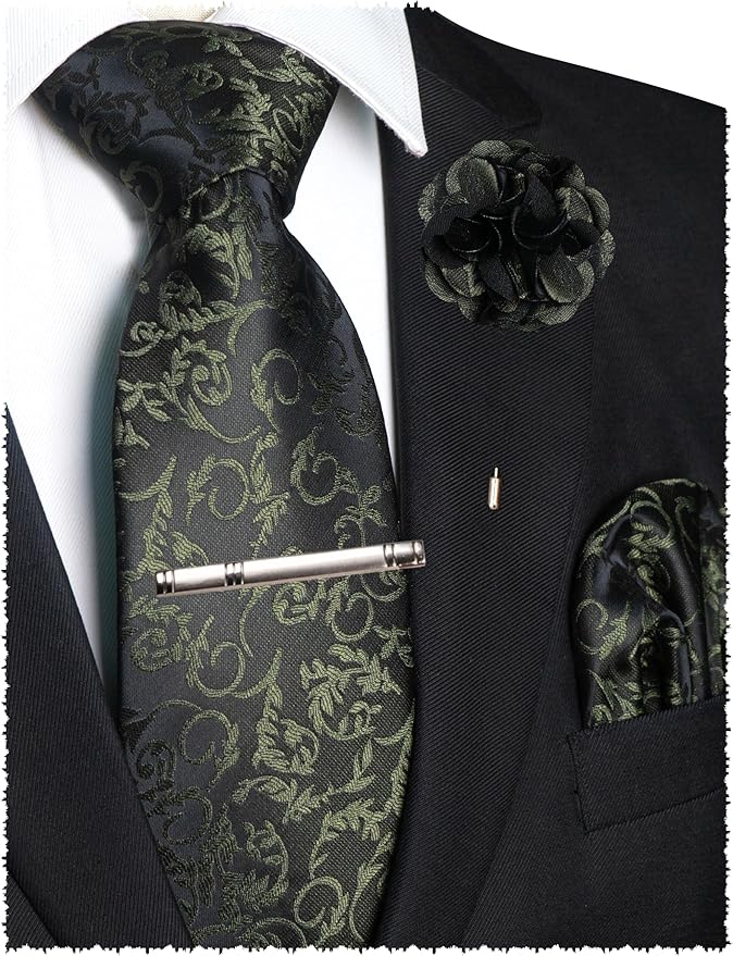 JEMYGINS Mens Floral Tie and Lapel Pin Necktie Pocket Square and Tie Clip with Sets for Business Casual 4PCS