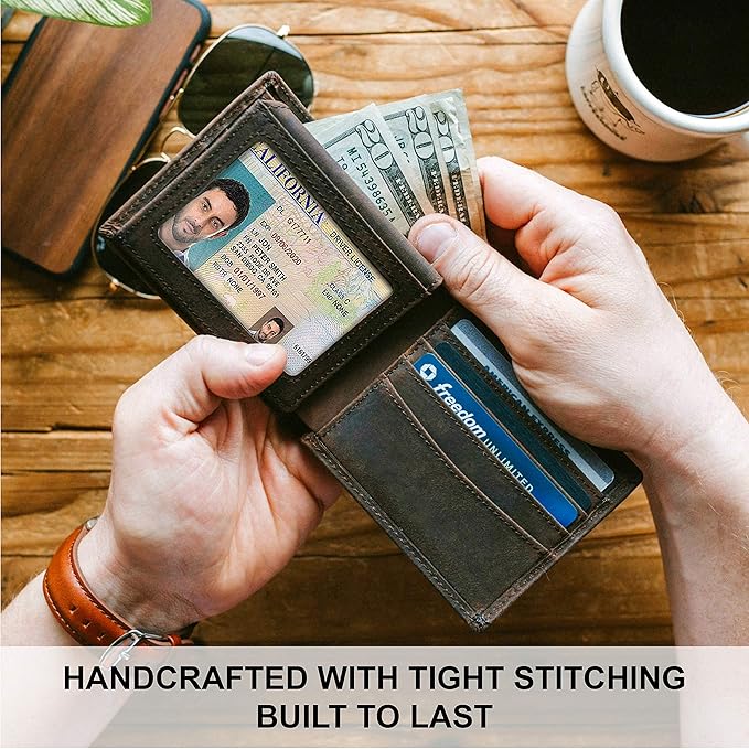 Top Grain Leather Wallet for Men | RFID Blocking | Extra Capacity Bifold Wallet with 2 ID Windows | Ultra Strong Stitching | Slim Billfold with 8 Card Slots | Gift for Him