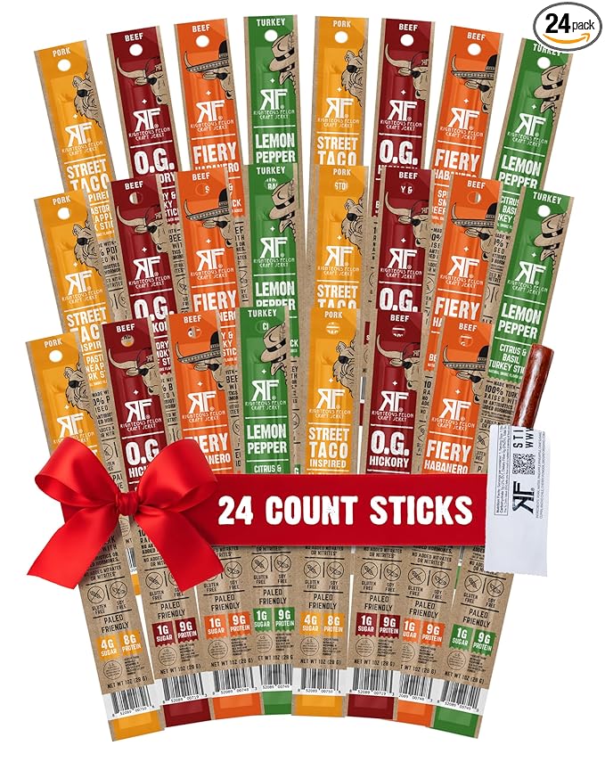 Righteous Felon Meat Sticks Variety Pack | Healthy Snack for Adults | Gluten Free & Keto Meat Sticks | Low Sugar & High Protein | Turkey, Pork, Beef Sticks | Jerky Gifts for Men | 24 Pack