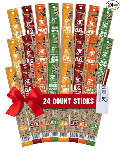 Righteous Felon Meat Sticks Variety Pack | Healthy Snack for Adults | Gluten Free & Keto Meat Sticks | Low Sugar & High Protein | Turkey, Pork, Beef Sticks | Jerky Gifts for Men | 24 Pack