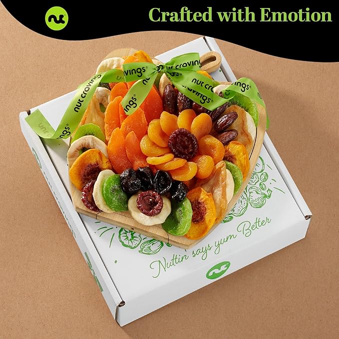 NUT CRAVINGS - Thanksgiving Dried Fruit Flower Arrangement Gift Basket in Wooden Apple-Shaped Gift Basket + Tray (9 Assortment) Holiday Xmas Christmas Healthy Snack Care Package