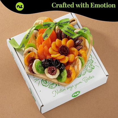 NUT CRAVINGS - Thanksgiving Dried Fruit Flower Arrangement Gift Basket in Wooden Apple-Shaped Gift Basket + Tray (9 Assortment) Holiday Xmas Christmas Healthy Snack Care Package