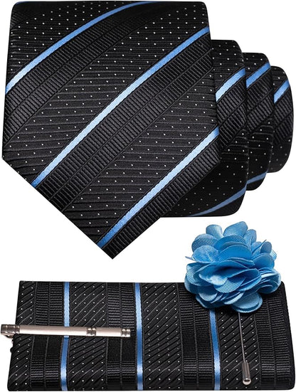 JEMYGINS Mens Striped Tie and Lapel Pin Necktie Pocket Square with Tie Clip Sets for Business Casual 4PCS