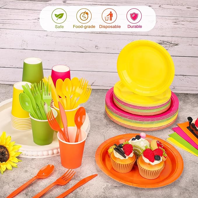 durony 350 Pieces Neon Party Supplies Paper Plates Serve 50 Guests 7 Inch 9 Inch Dinner Plates Napkins Paper Cups Cutlery Bright Color Disposable Glow Party Tableware for Fiesta Neon Birthday