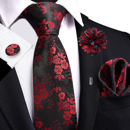 GUSLESON 3.15"（8cm） Mens Floral Tie and Lapel Pin Necktie Hankerchief Cufflinks Set for Men