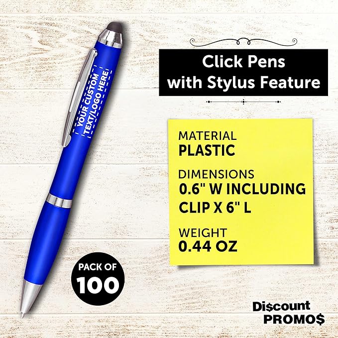 DISCOUNT PROMOS Custom Plastic Stylus Pens Set of 100, Personalized Bulk Pack - Black Ink, Great for Office, School, Business, Tradeshows, Events - Blue