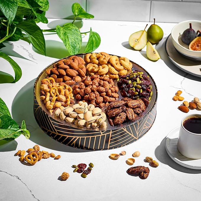 Oh! Nuts 7 Section Nuts Gift Basket - Gourmet Assorted Nut Gifts Baskets - Healthy Nuts Gift Round Metal Tin Box - Premium Food Gift for Birthday, Holiday, Movie Night, Corporate, Men & Women