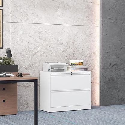 2 Drawer Lateral File Cabinet with Lock, Metal File Cabinets for Home Office, Steel Heavy-Duty Filing Storage Cabinet for Letters/Legal/A4 (Require Assembly, White)