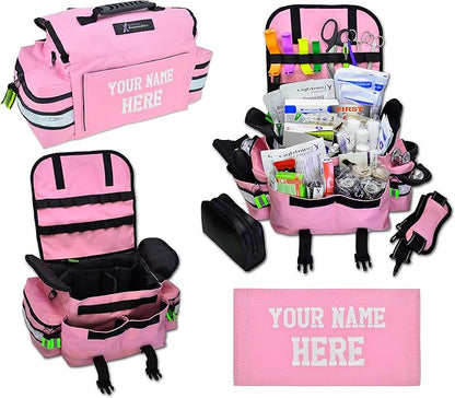Lightning X Personalized First Responder EMT EMS Trauma Bag w/Stocked First Aid Fill Kit B & Custom Embroidered Name Patch (Pink)