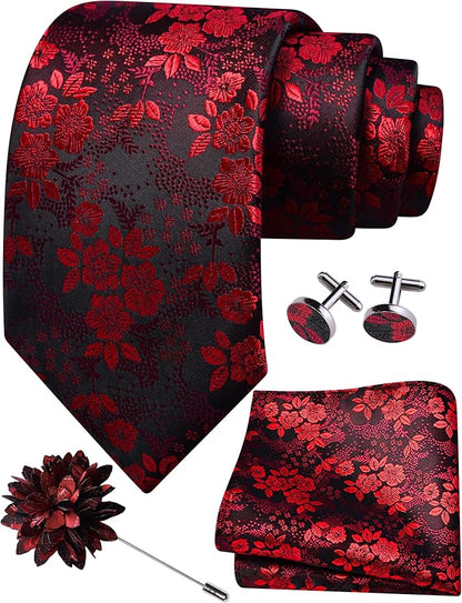 GUSLESON 3.15"（8cm） Mens Floral Tie and Lapel Pin Necktie Hankerchief Cufflinks Set for Men