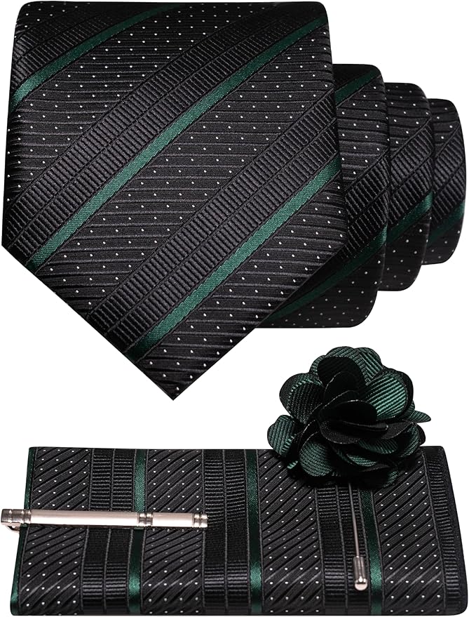 JEMYGINS Mens Striped Tie and Lapel Pin Necktie Pocket Square with Tie Clip Sets for Business Casual 4PCS