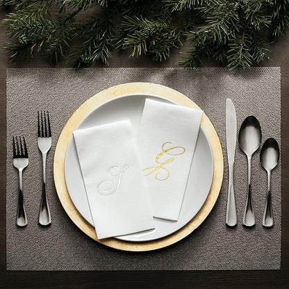AMERICAN HOMESTEAD Disposable Hand Towels - Silver Foil Monogrammed Guest Napkins - Linen-Like Bathroom Paper Towels for Guests - Perfect Wedding and Party Napkins - 50 Count (Silver N)