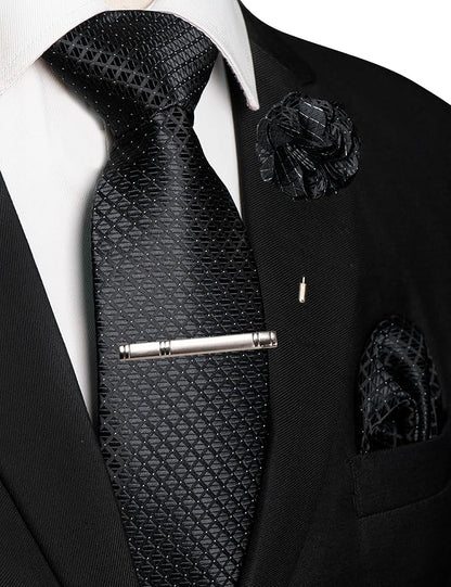 JEMYGINS Mens Solid Color Plaid Tie and Lapel Pin Necktie Pocket Square and Tie Clip with Sets for Business Casual 4PCS